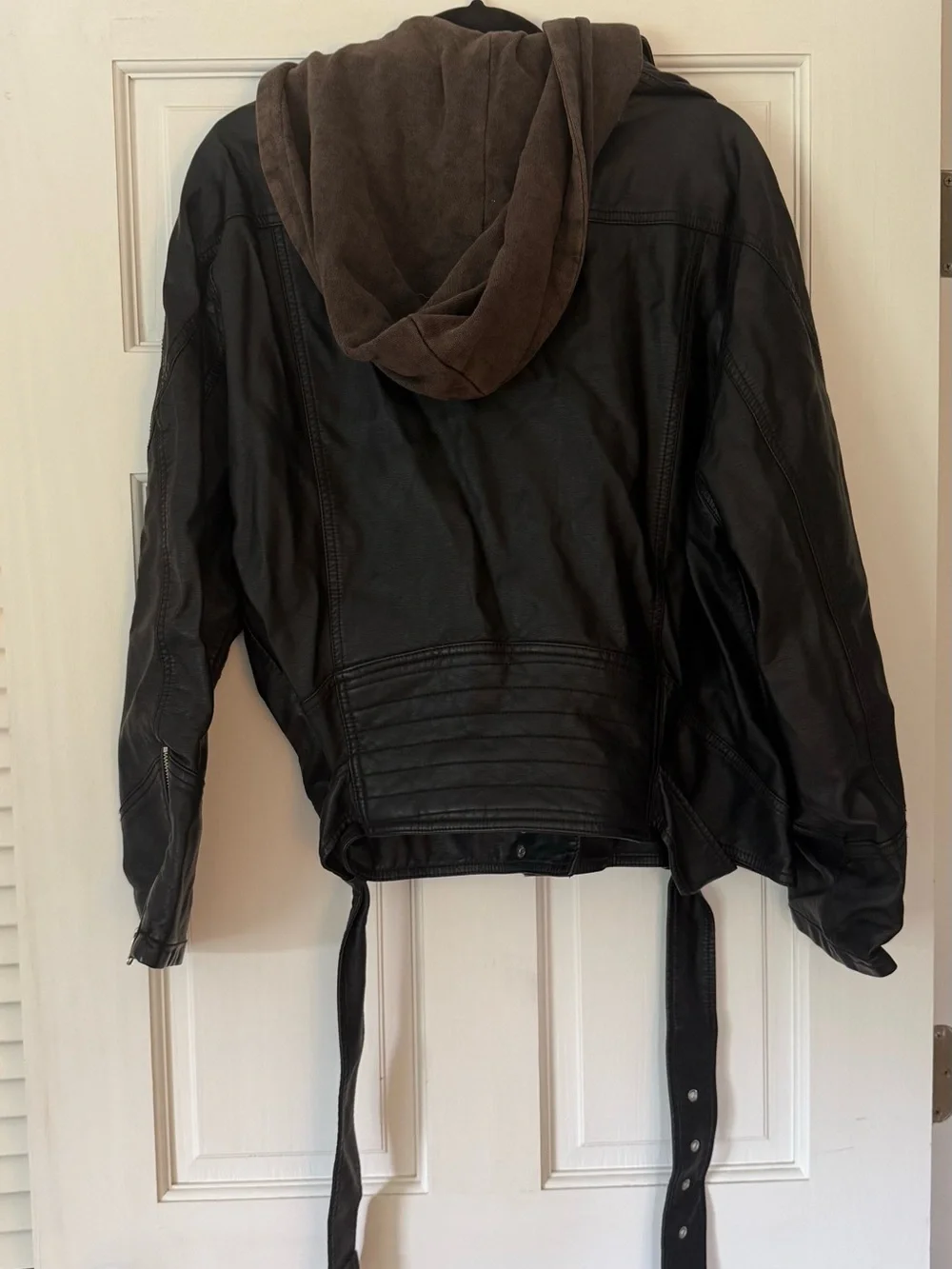 Free People Black Faux Leather Hooded Moto Jacket
